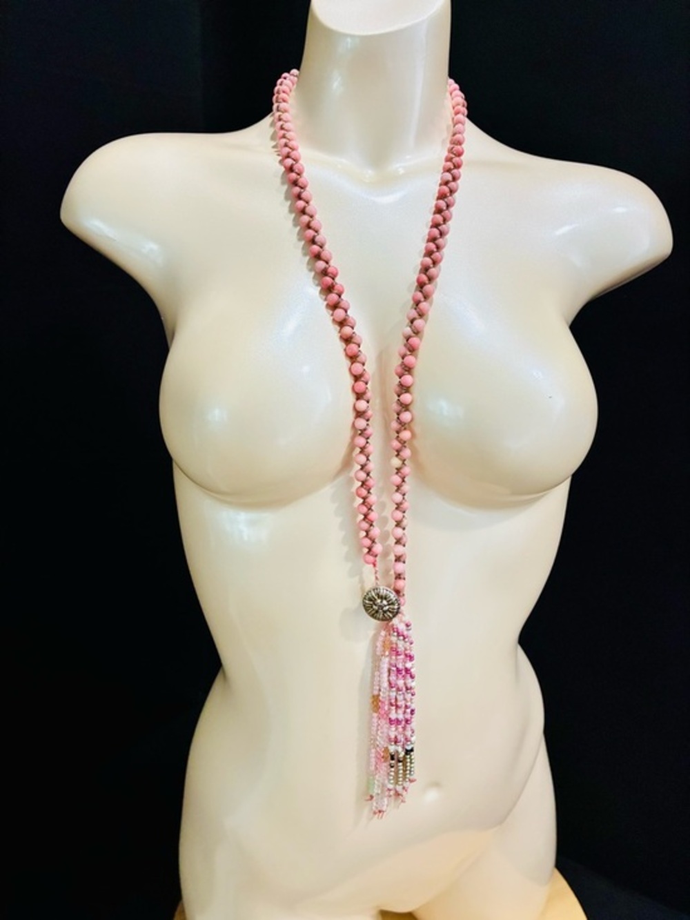 Rare Czech Glass Elegant Pink Beaded Tassel Necklace - Women Jewelry